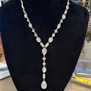 Vintage Liz Claiborne crystal Y drop necklace, silver tone